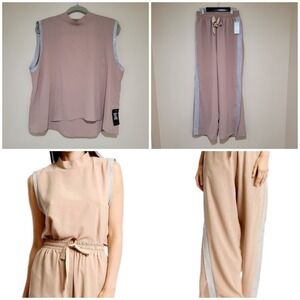 Garcia Glitter Pant Set Open Back Slit Legs Comfort Taupe Women Large Casual